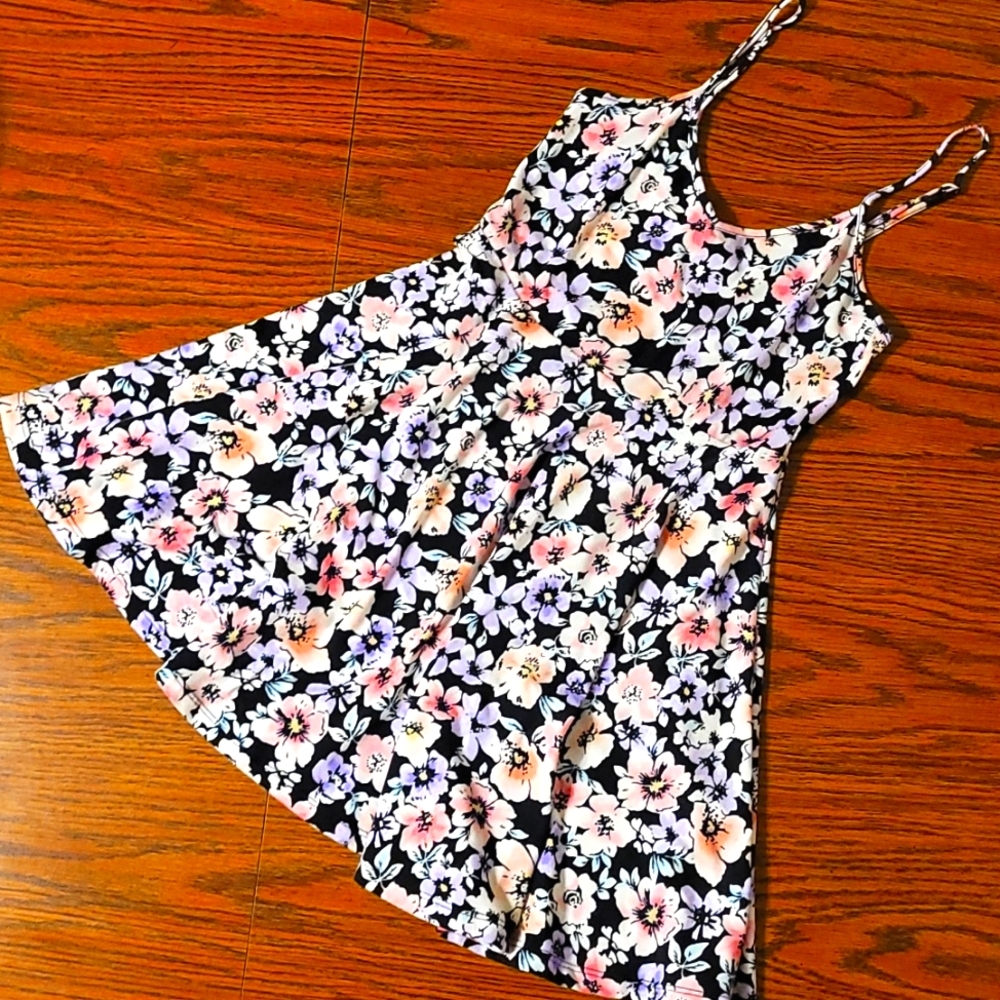 Floral A-Line Mini Sundress - Black and Warm Tones - Adjustable Spaghetti Straps